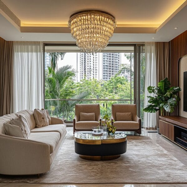 Ruang Tamu Kontemporer dengan Sofa Melengkung Beige
