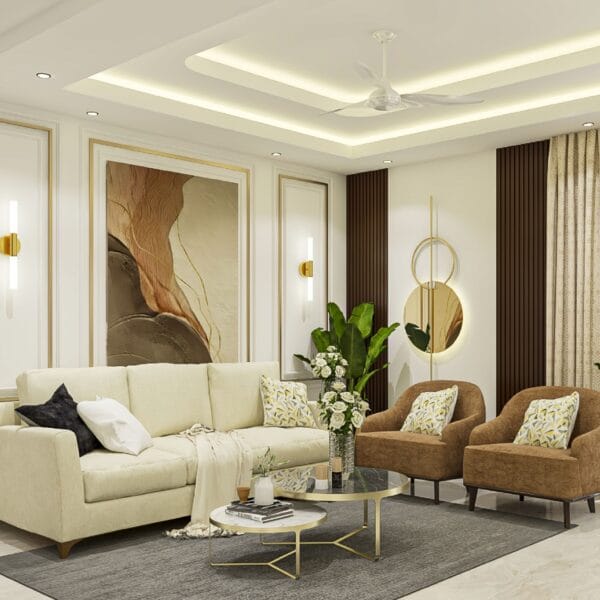 Ruang Tamu Kontemporer dengan Sofa Berwarna Netral