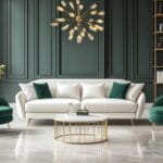 Ruang Tamu Kontemporer dengan Sofa Putih dan Kursi Zamrud