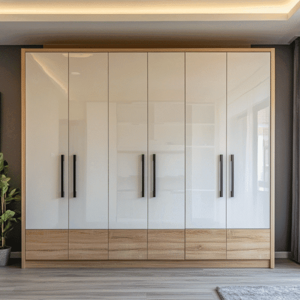 Desain Lemari Ayun 6 Pintu Modern Putih Jati Mengkilap