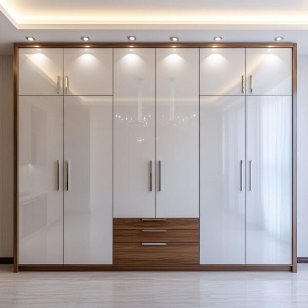 Desain Lemari Ayun 4 Pintu Modern Berwarna Putih dengan Finishing Gloss Tinggi