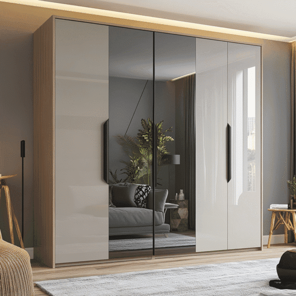 Desain Lemari Ayun 5 Pintu Minimalis Warna Silver Metalik