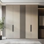 Desain Lemari Ayun 4 Pintu Minimal Abu-abu Rak Terbuka