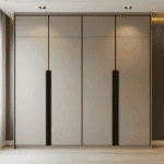 Desain Lemari Ayun 4 Pintu Abu-abu Modern dengan Unit Loteng