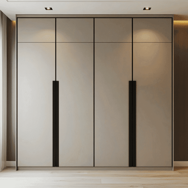 Desain Lemari Ayun 4 Pintu Abu-abu Modern dengan Unit Loteng