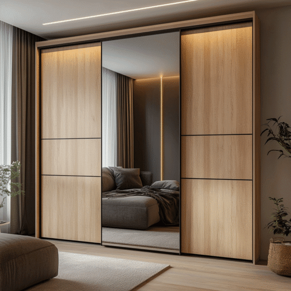 Desain Lemari Pintu Geser Modern dengan Finishing Kayu Jati Tahiti Samoa
