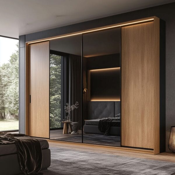 Desain Lemari Pintu Geser 4 Pintu Modern dengan Panel Cermin