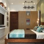 Lemari Pakaian Kayu 4 Pintu Modern Dengan Relung Terbuka