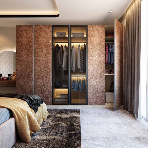 Desain Lemari Ayun 6 Pintu Modern Abad Pertengahan dengan Tekstur Kayu