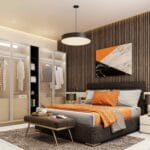 Desain Lemari Ayun 4 Pintu Modern Warna Putih dan Kayu dengan Penutup Kaca Buram