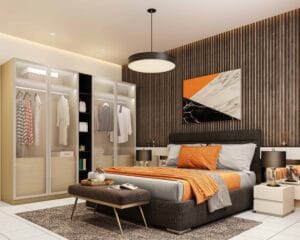 Desain Lemari Ayun 4 Pintu Modern Warna Putih dan Kayu dengan Penutup Kaca Buram
