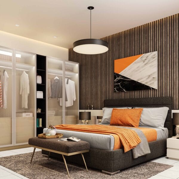 Desain Lemari Ayun 4 Pintu Modern Warna Putih dan Kayu dengan Penutup Kaca Buram