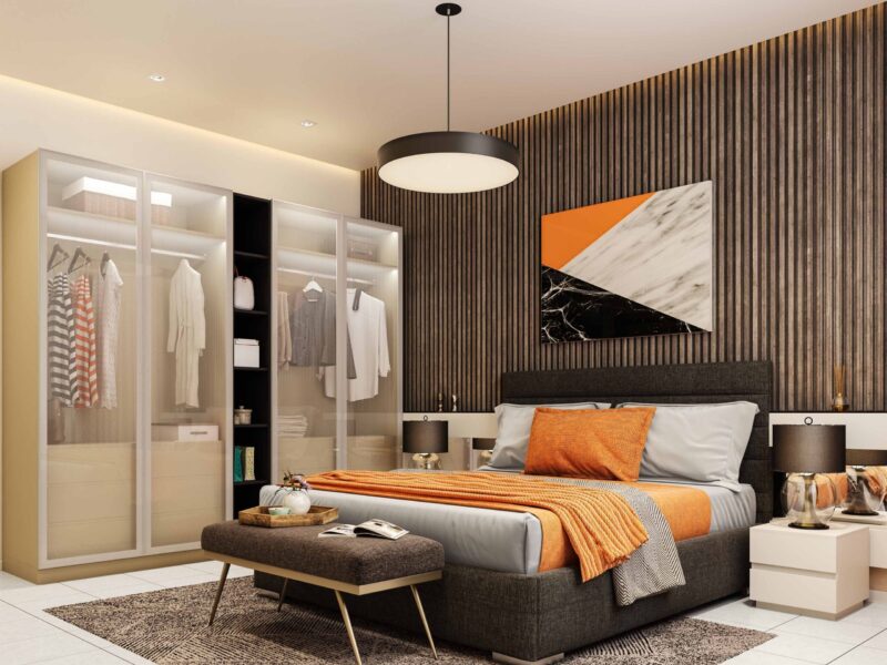 Desain Lemari Ayun 4 Pintu Modern Warna Putih dan Kayu dengan Penutup Kaca Buram