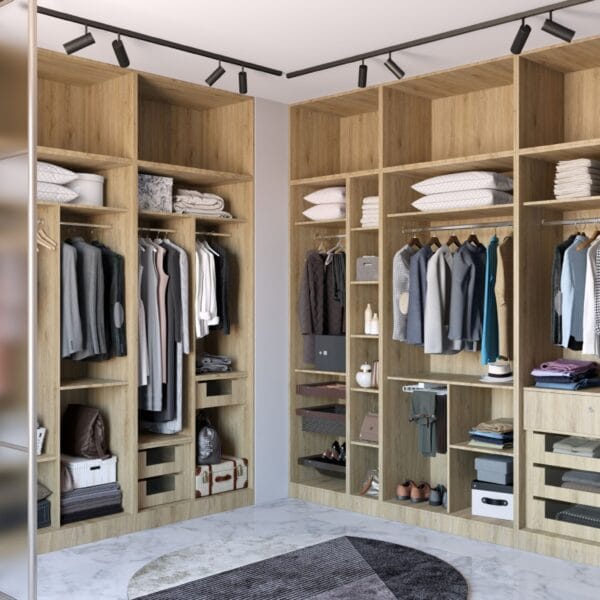 Desain Lemari Pakaian Walk-In Kontemporer 10 Pintu dengan Penutup Jendela Finishing Suede