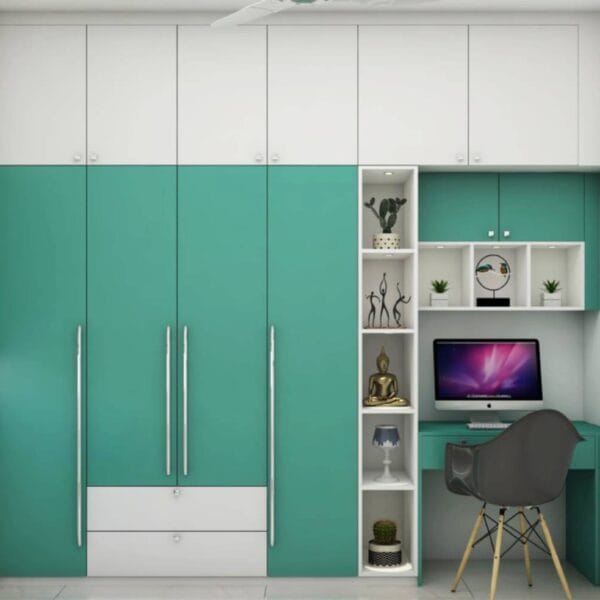 Lemari Ayun 4 Pintu Kontemporer dalam Warna Biru Langit dan Putih Dingin dengan Lapisan Laminasi Suede