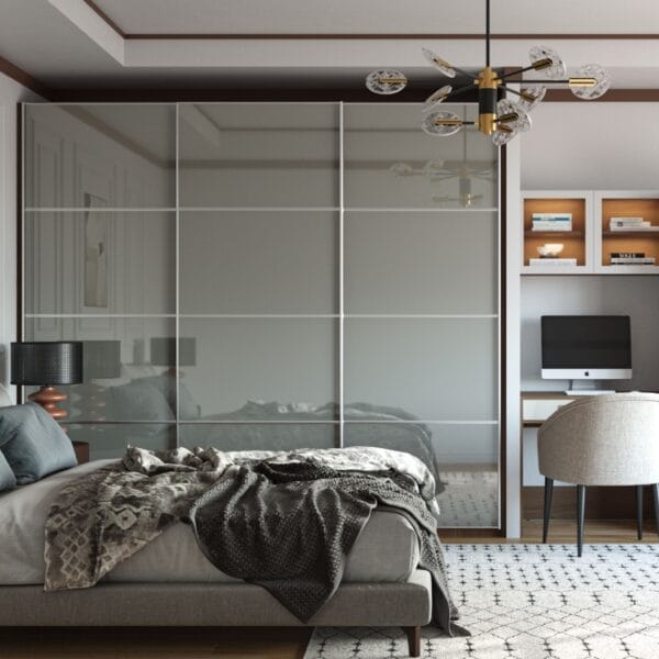 Desain Lemari Geser 3 Pintu Modern Warna Abu-abu Mengkilap