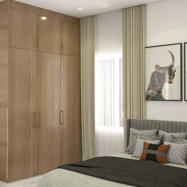 Lemari Ayun 3 Pintu Kontemporer dengan Warna Walnut Vertikal Parsian dengan Finishing Laminasi Suede