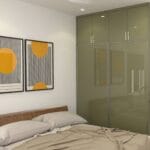 Lemari Pakaian Geser 2 Pintu Kontemporer dengan Warna Walnut Vertikal Parsian dengan Finishing Laminasi Suede