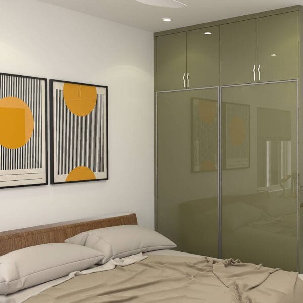 Lemari Pakaian Geser 2 Pintu Kontemporer dengan Warna Walnut Vertikal Parsian dengan Finishing Laminasi Suede