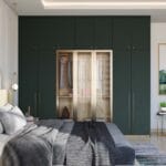 Desain Lemari Ayun 7 Pintu Kontemporer dalam Laminasi Suede Hijau Tua