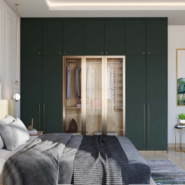 Desain Lemari Ayun 7 Pintu Kontemporer dalam Laminasi Suede Hijau Tua