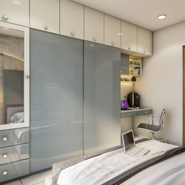 Lemari Pakaian Geser 2 Pintu Kontemporer dalam Warna Silver Frost dan Parsian Frosty White dengan Finishing Suede Laminasi dan Gloss Tinggi