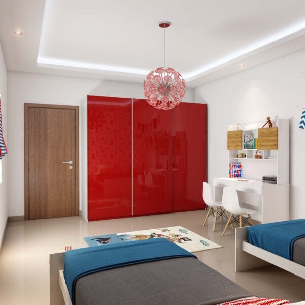 Desain Lemari Geser 3 Pintu Warna Merah Karnaval Mengkilap