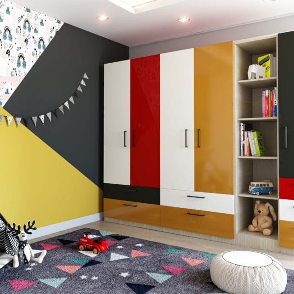 Desain Lemari Ayun Modern 5 Pintu Warna Putih dan Merah