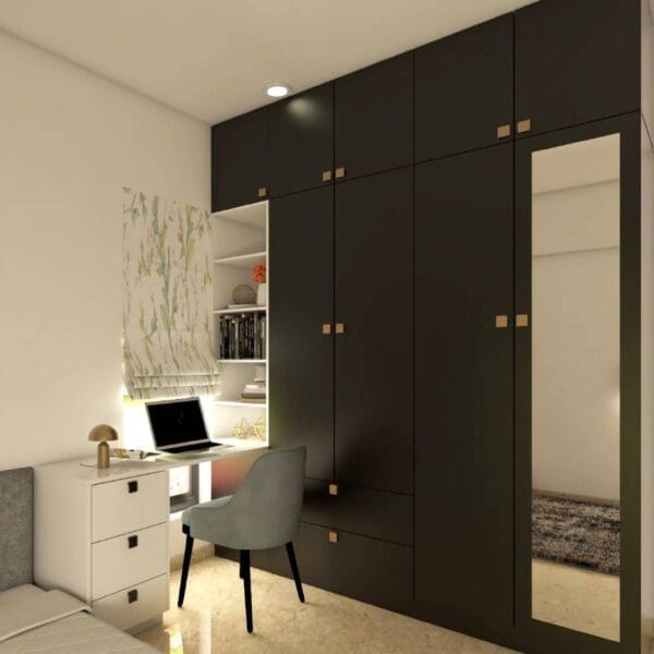 Interior & Furniture Custom Semarang Desain Lemari Ayun 4 Pintu Kontemporer Dengan Cermin dalam Warna Abu-abu Gotik dengan Finishing Laminasi Suede