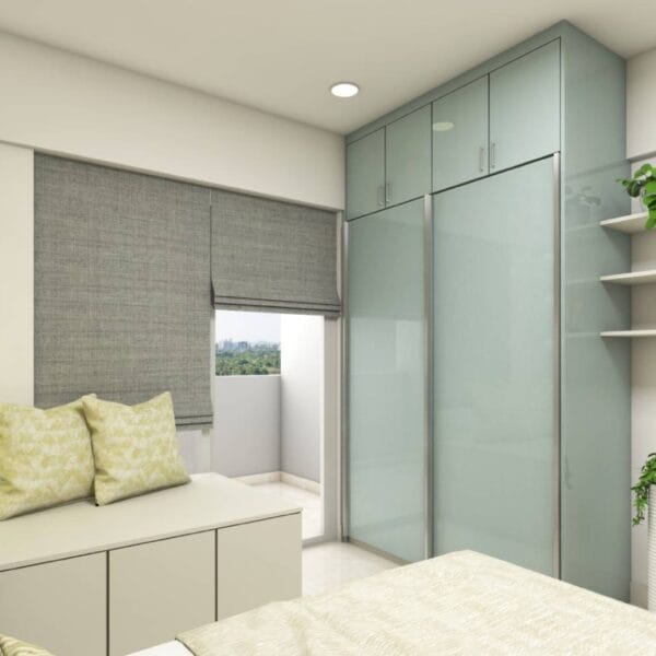 Lemari Pakaian Geser 2 Pintu Kontemporer dengan Warna Biru Langit dan Lapisan Laminasi Suede