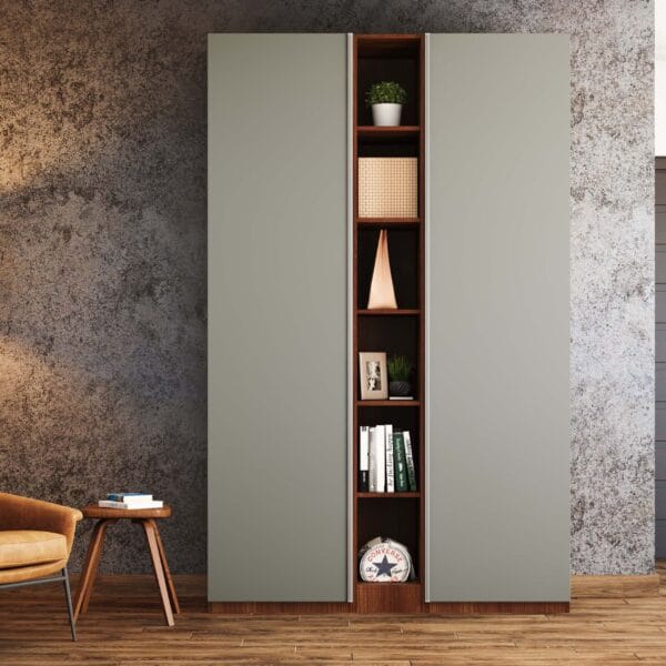 Desain Lemari 2 Pintu Kontemporer dengan Rak Kayu Terbuka
