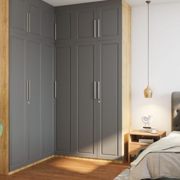Desain Lemari Ayun 6 Pintu L Kontemporer Abu-abu & Kayu