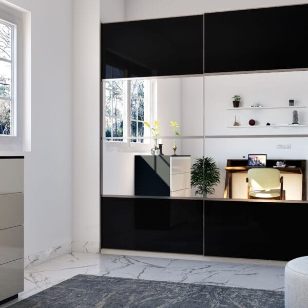 Desain Lemari Geser Hitam Modern dengan Finishing Akrilik Mengkilap