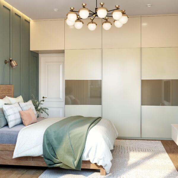 Desain Lemari Geser 3 Pintu Kontemporer dengan Sentuhan Warna Champagne dan Ivory