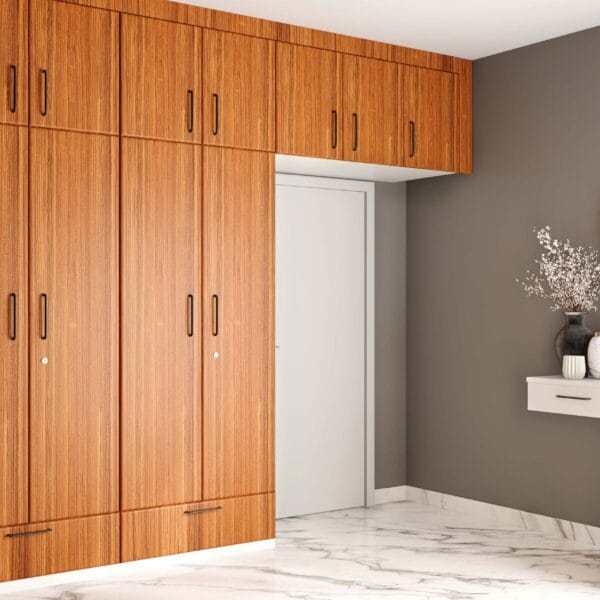 Desain Lemari Ayun 4 Pintu Modern dengan Warna Kenari Persia dan Loteng