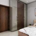 Lemari Ayun Klasik 4 Pintu dalam Warna Canadian Walnut dan Smoke Grey dengan Finishing Laminasi Suede