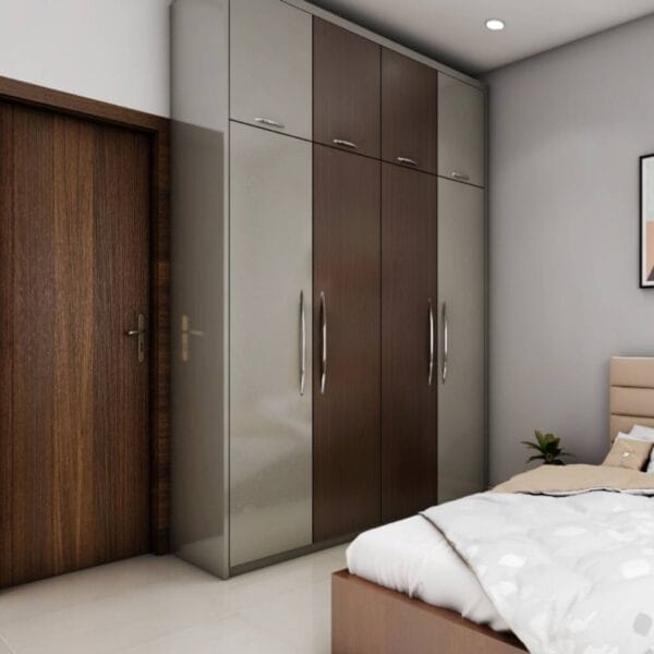 Lemari Ayun Klasik 4 Pintu dalam Warna Canadian Walnut dan Smoke Grey dengan Finishing Laminasi Suede
