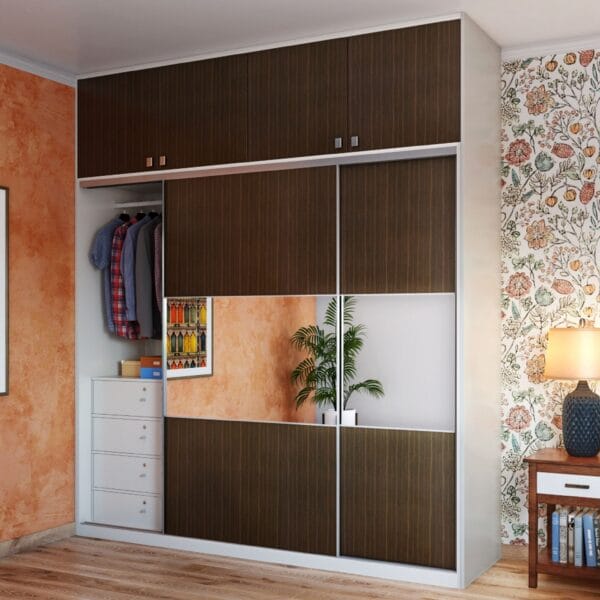 Lemari Geser 2 Pintu Modern Coklat Putih Cermin Minimalis