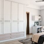 Desain Lemari Ayun Satin Putih & Pasir 4 Pintu Laci
