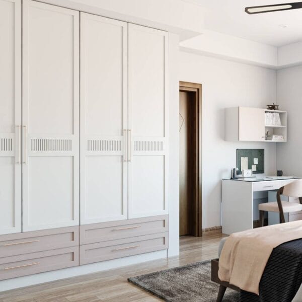 Desain Lemari Ayun Satin Putih & Pasir 4 Pintu Laci