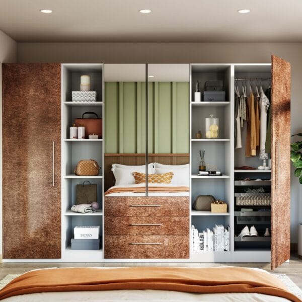 Lemari Ayun 4 Pintu Modern Coklat Bertekstur Cermin