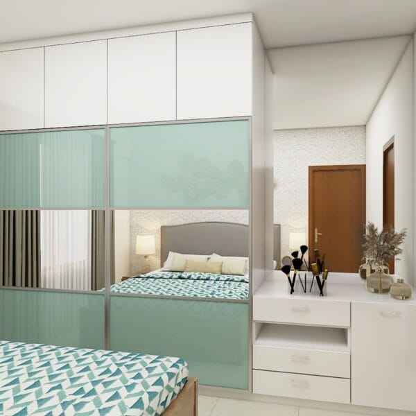 Desain Lemari Ayun 2 Pintu Kontemporer Warna Biru dan Putih Dengan Meja Rias dan Cermin