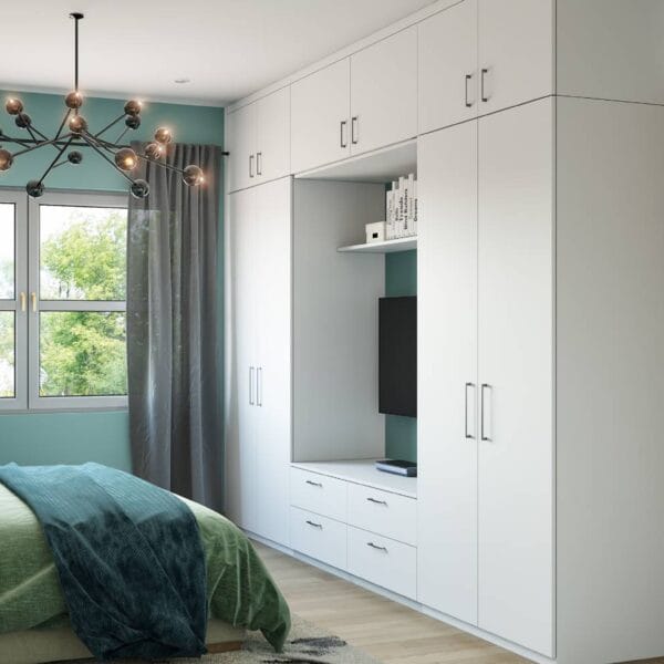 Desain Lemari Ayun Putih 4 Pintu Modern Dengan Desain Unit TV Terintegrasi