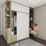 Lemari Geser 2 Pintu Modern Warna Putih dan Kayu dengan Rak Kayu Terbuka