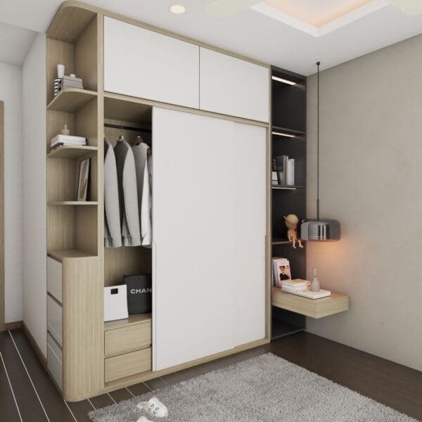Lemari Geser 2 Pintu Modern Warna Putih dan Kayu dengan Rak Kayu Terbuka