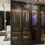 Desain Lemari Ayun Kayu Gelap 4 Pintu Modern Dengan Penutup Transparan