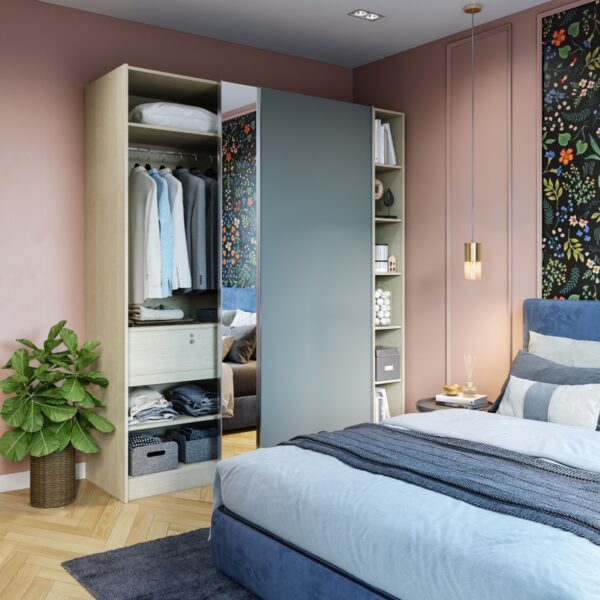 Lemari Geser 2 Pintu Kontemporer Silver Frost & Wood Cermin