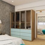 Lemari Ayun 4 Pintu Modern Warna Biru & Kayu: Desain Custom