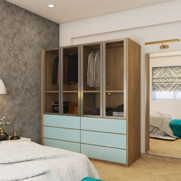 Lemari Ayun 4 Pintu Modern Warna Biru & Kayu: Desain Custom