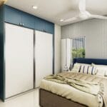 Lemari Pintu Geser Modern dalam Warna Frosty White dan Shore Blue dengan Finishing Suede